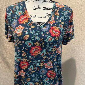 Grace & Lace Perfect V-Neck Tee Teal Floral (Heavy Gage) Size Small